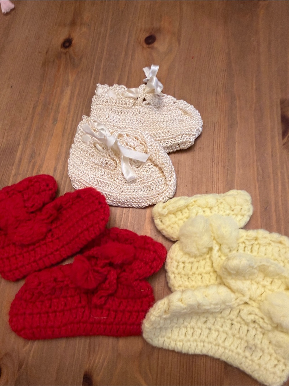 Handmade Baby Booties in Ivory, Red, and Yellow – three pairs